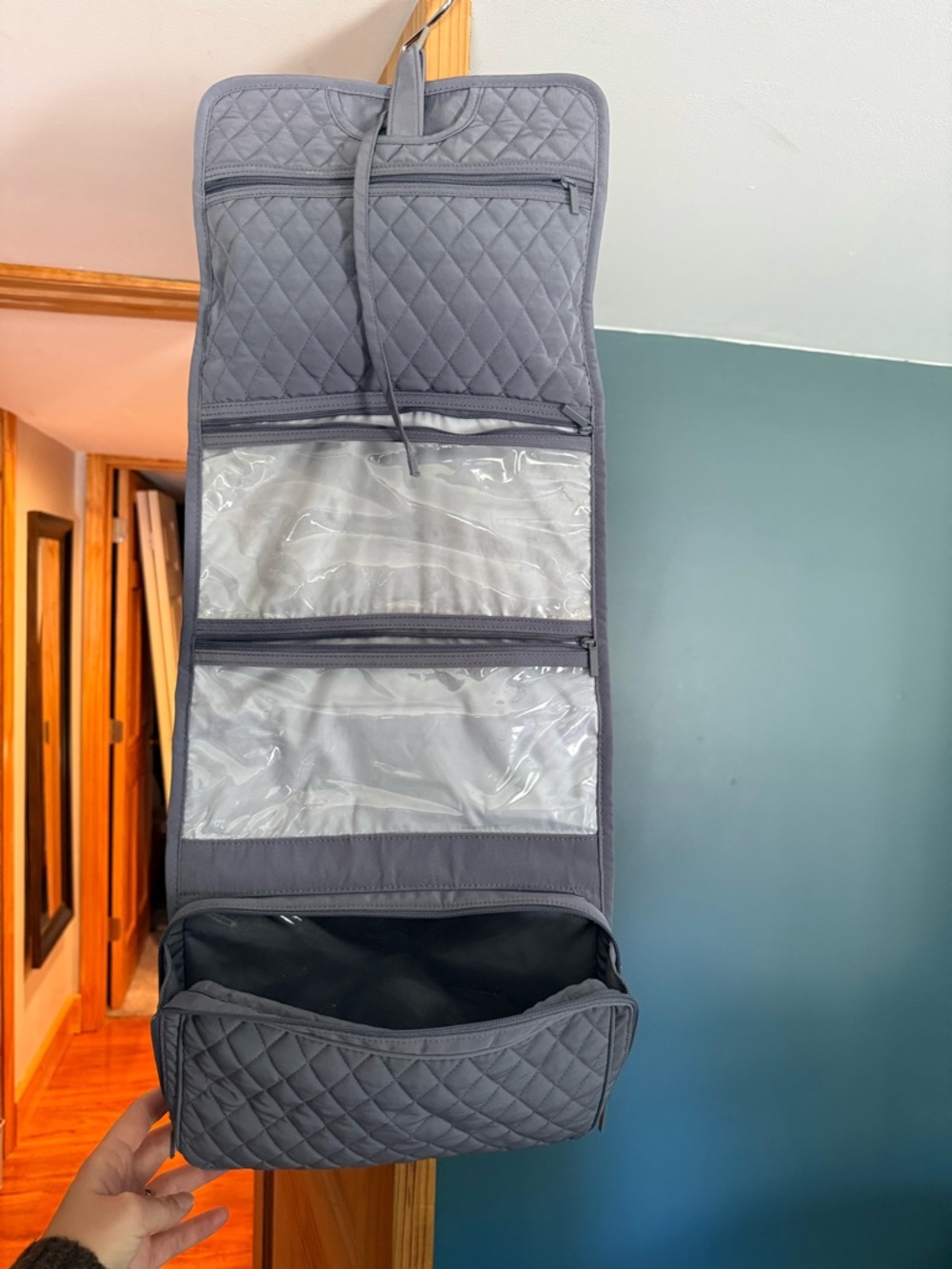 Vera Bradley Gray Quilted Hanging Toiletry Organizer with Clear Pockets